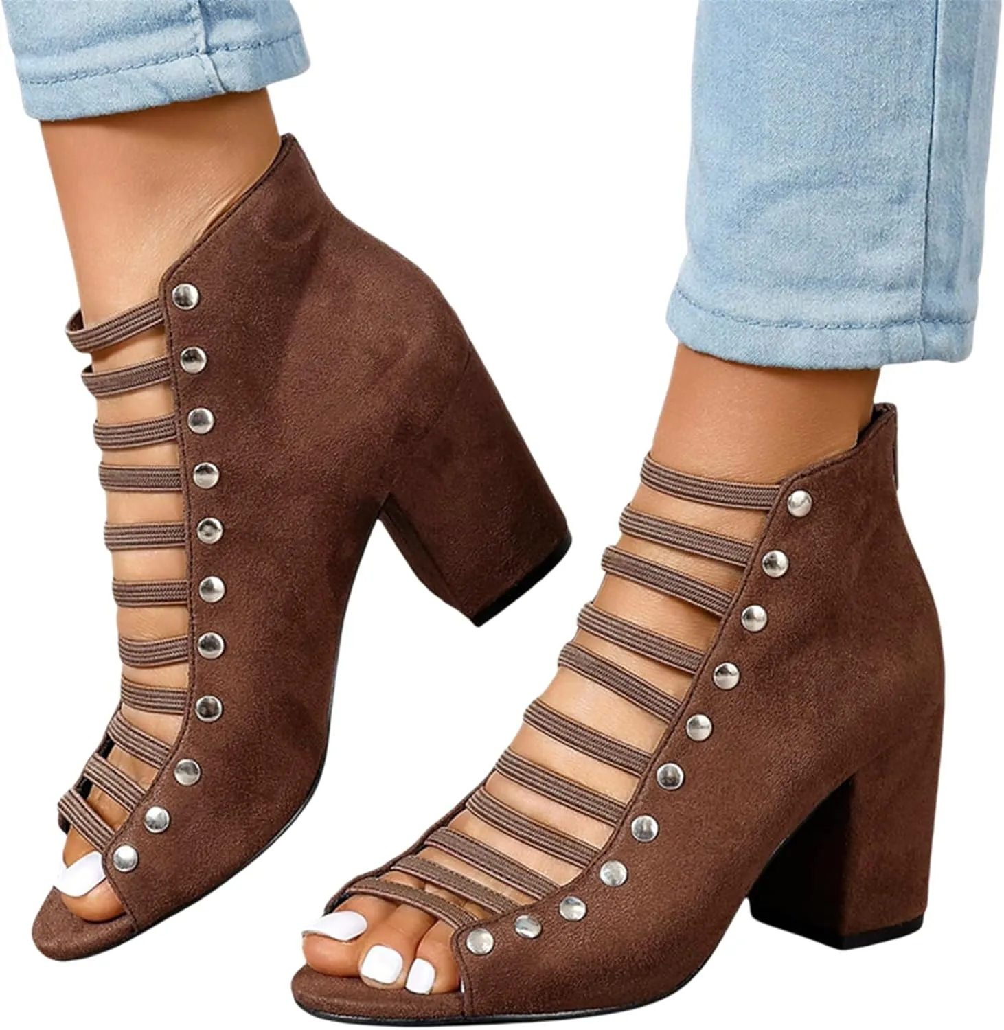 Women Chunky Heeled Sandals Cutout Open Toe Heels Studded Elastic Ankle Strap Pumps Summer Bridal Party Dress Shoes