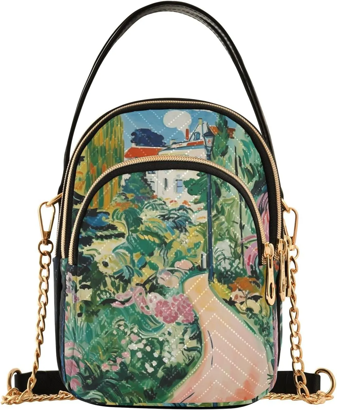 Women Crossbody Handbag Floral Path Oil Painting Quilted Chain Bag