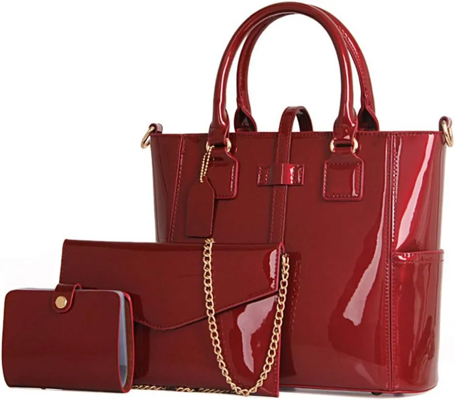 Women Fashion Handbags Patent Leather Tote Purses Shoulder Top Handle Bags 3pcs