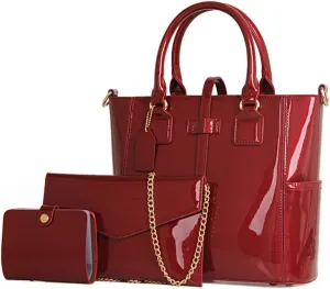 Women Fashion Handbags Patent Leather Tote Purses Shoulder Top Handle Bags 3pcs