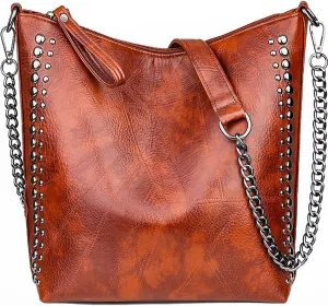 Women Fashion Tote Bag PU Leather Rivet Studded Ladies Purse Chain Shoulder Bag Satchel Work Shopping