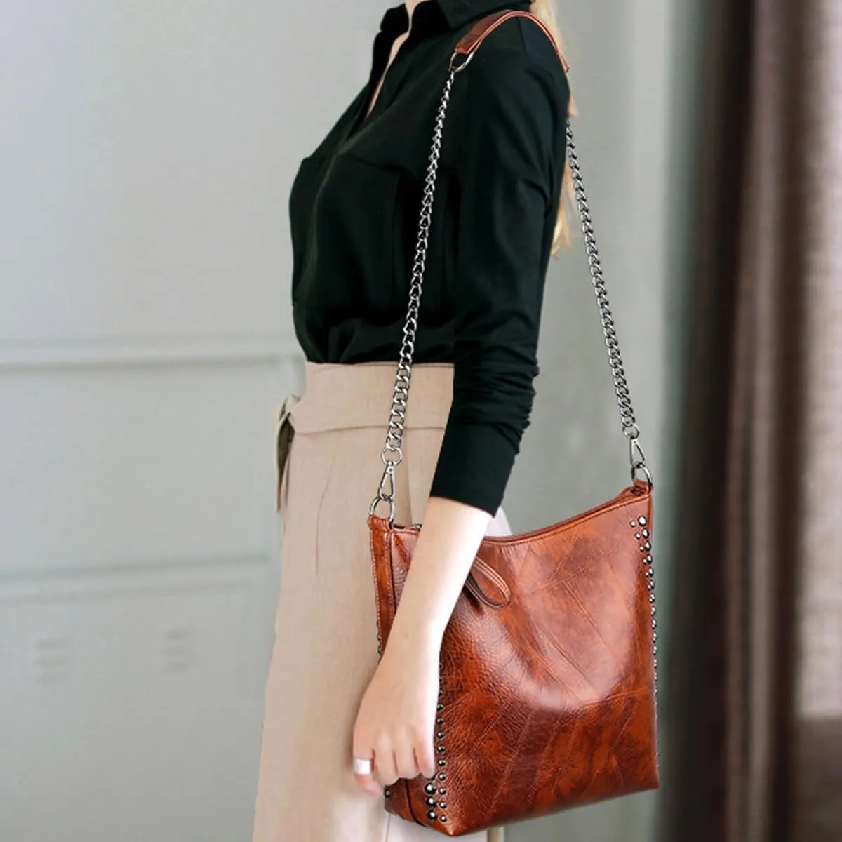 Women Fashion Tote Bag PU Leather Rivet Studded Ladies Purse Chain Shoulder Bag Satchel Work Shopping