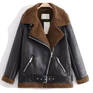 Women Faux Leather Jacket Shearling Fur Aviator Biker Jacket Winter