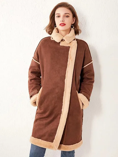 Women Faux Suede Leather Fur Long Jacket