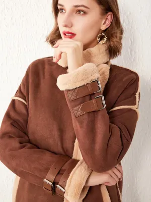 Women Faux Suede Leather Fur Long Jacket