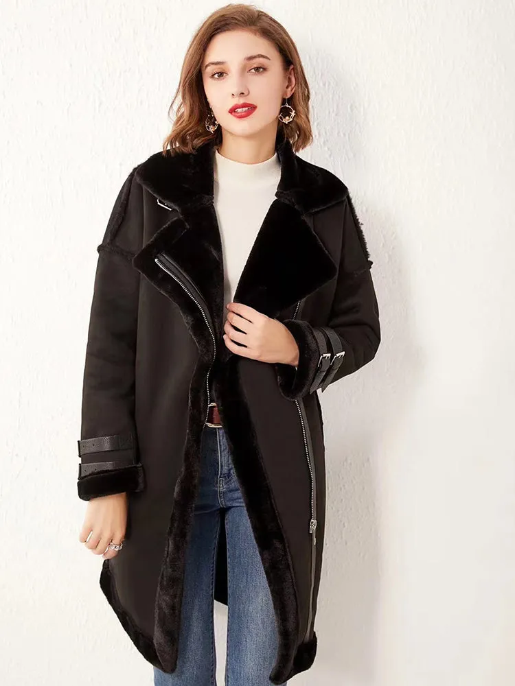 Women Faux Suede Leather Fur Long Jacket
