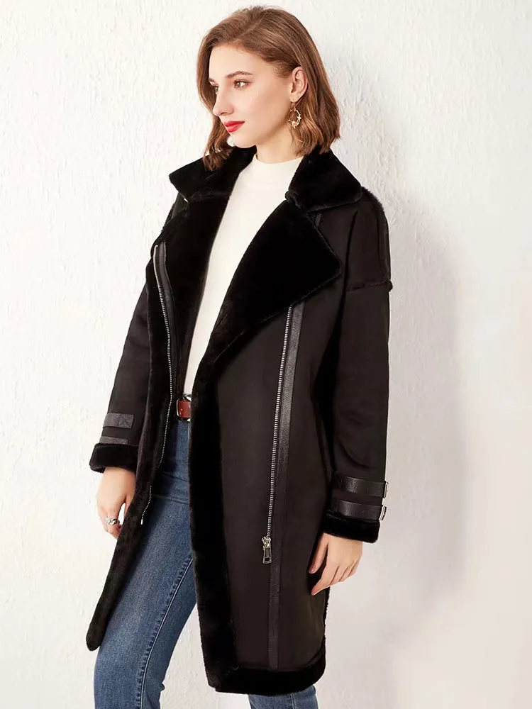 Women Faux Suede Leather Fur Long Jacket