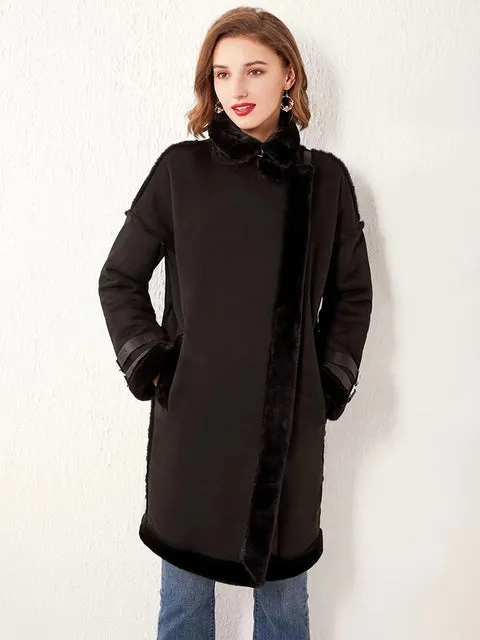 Women Faux Suede Leather Fur Long Jacket