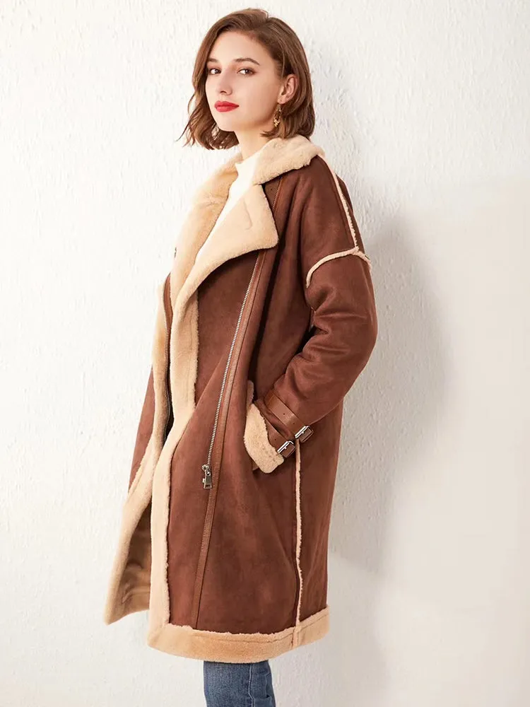 Women Faux Suede Leather Fur Long Jacket