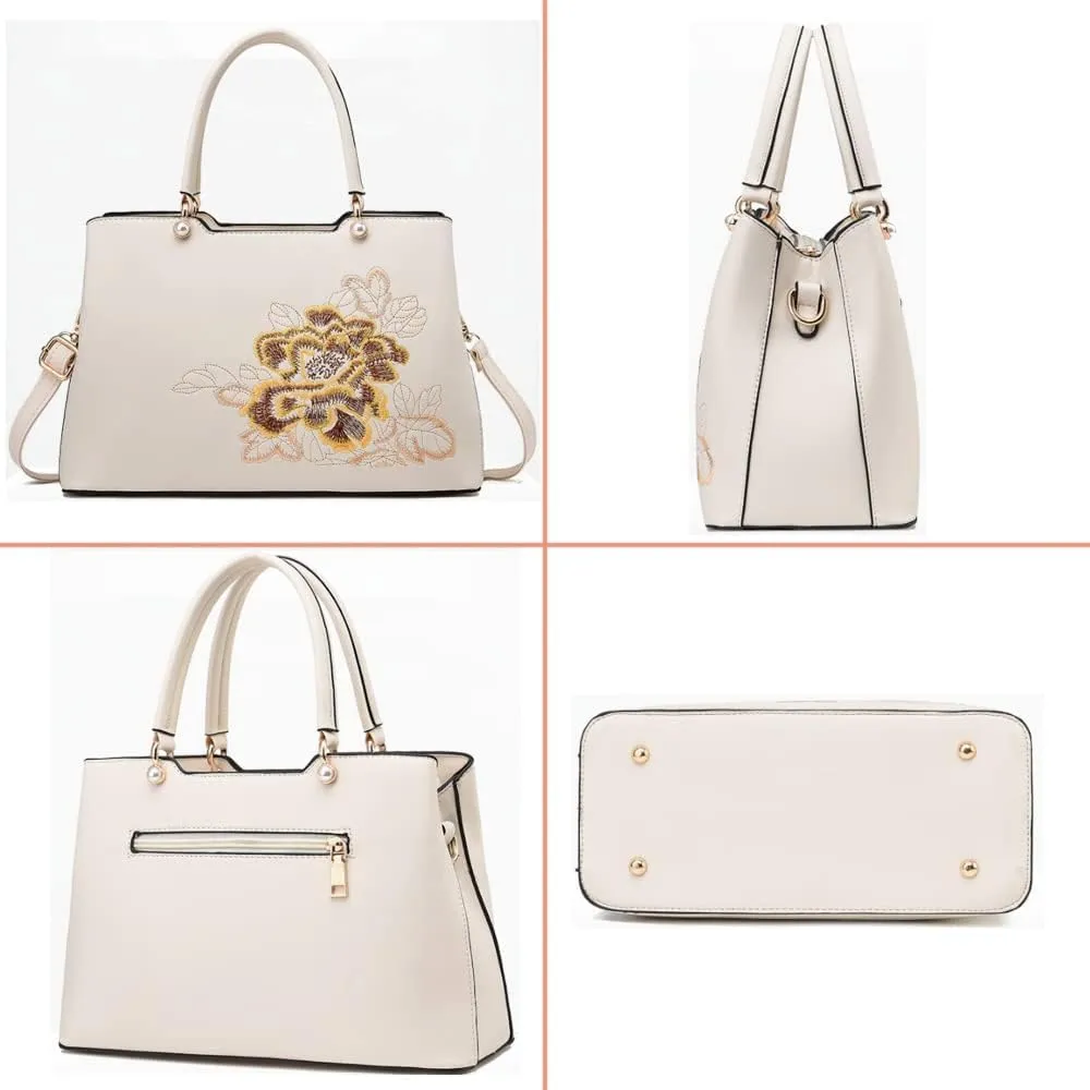 Women Handbag Embroidered Tote Bag Large Capacity Top Handle Handbag with Leather Long Strap