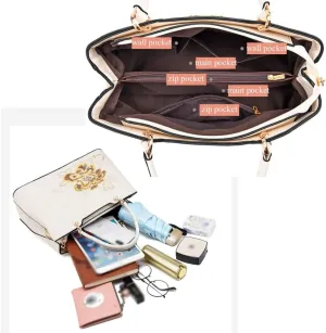 Women Handbag Embroidered Tote Bag Large Capacity Top Handle Handbag with Leather Long Strap