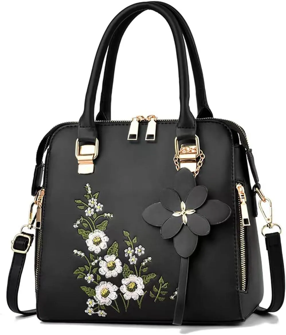 Women Handbags Fashion Embroidery Flower Handbag Crossbody Shoulder Bag with Adjustable Shoulder Strap