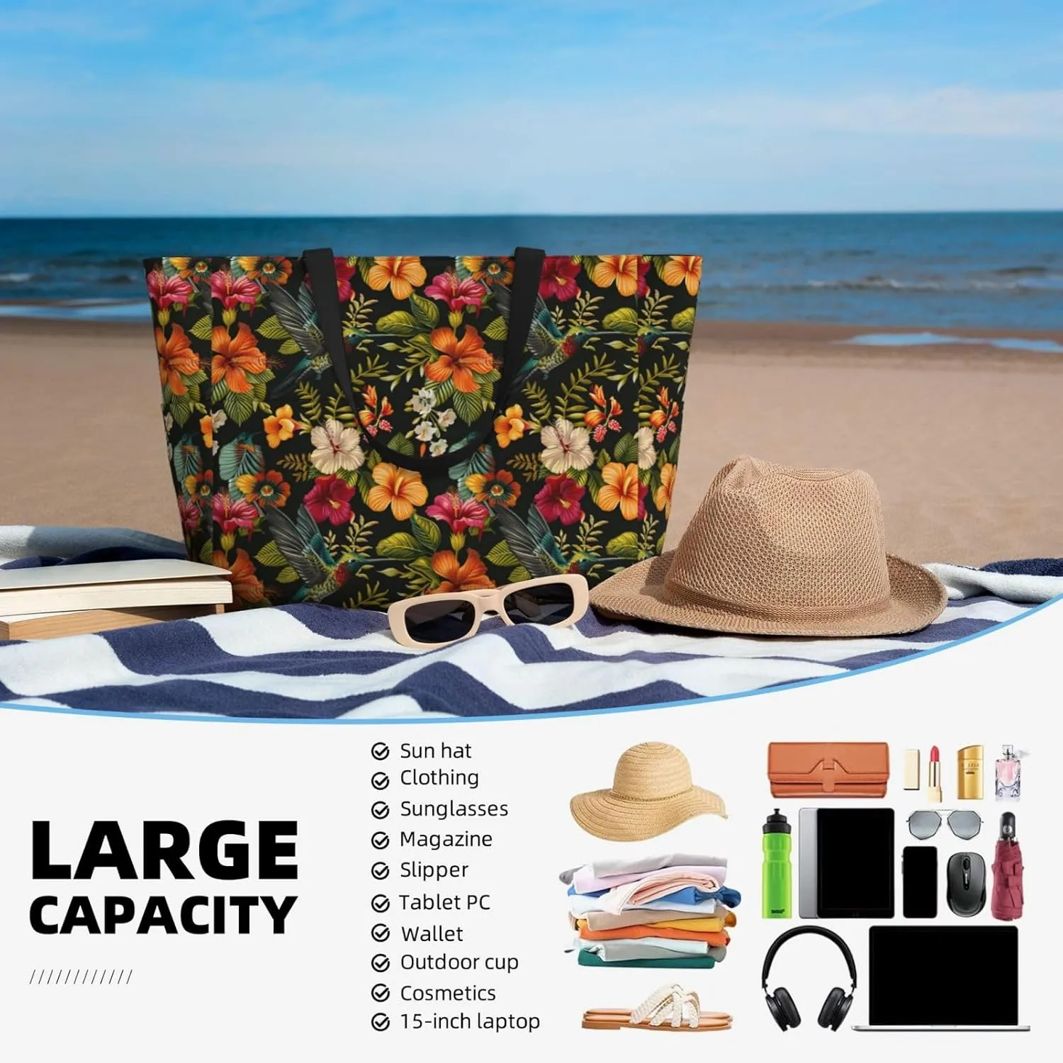 Women Large Beach Bag Travel Weekender Foldable Tote Bag for Pool Beach Vacation Gym