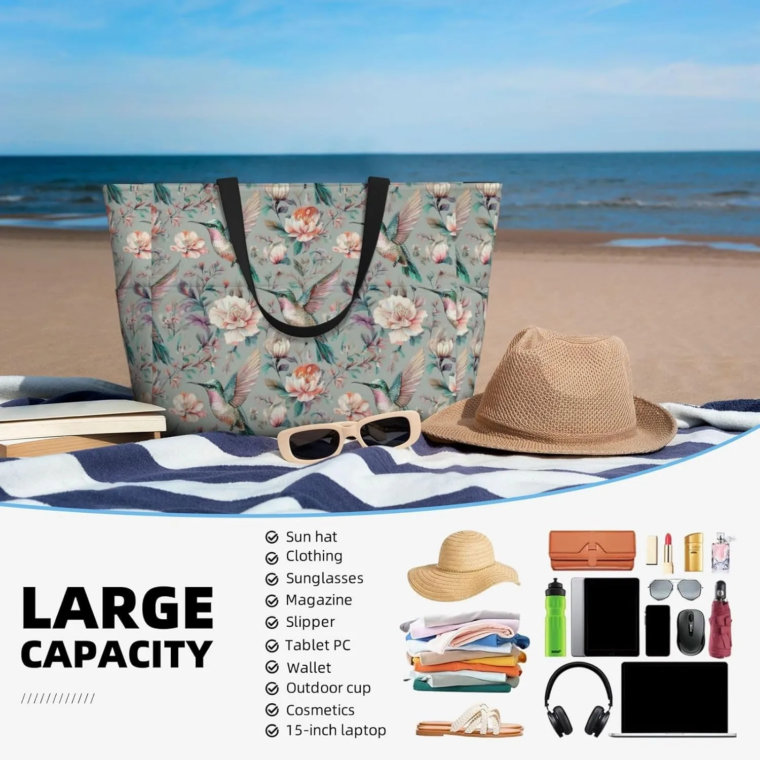 Women Large Beach Bag Travel Weekender Foldable Tote Bag for Pool Beach Vacation Gym