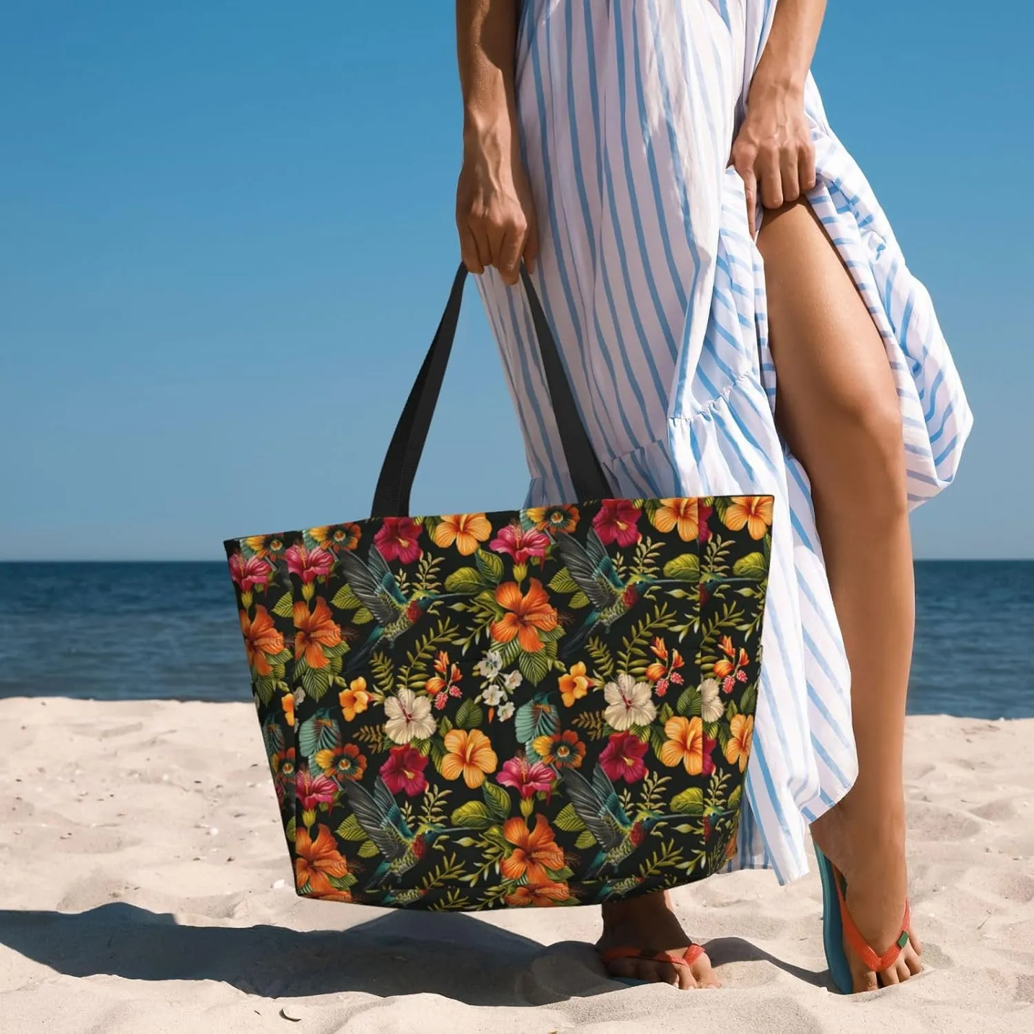 Women Large Beach Bag Travel Weekender Foldable Tote Bag for Pool Beach Vacation Gym