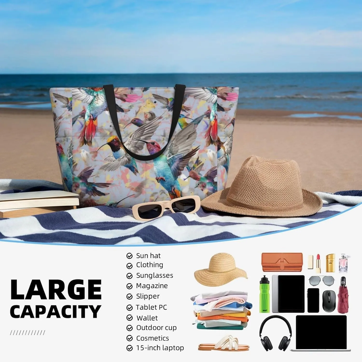 Women Large Beach Bag Travel Weekender Foldable Tote Bag for Pool Beach Vacation Gym