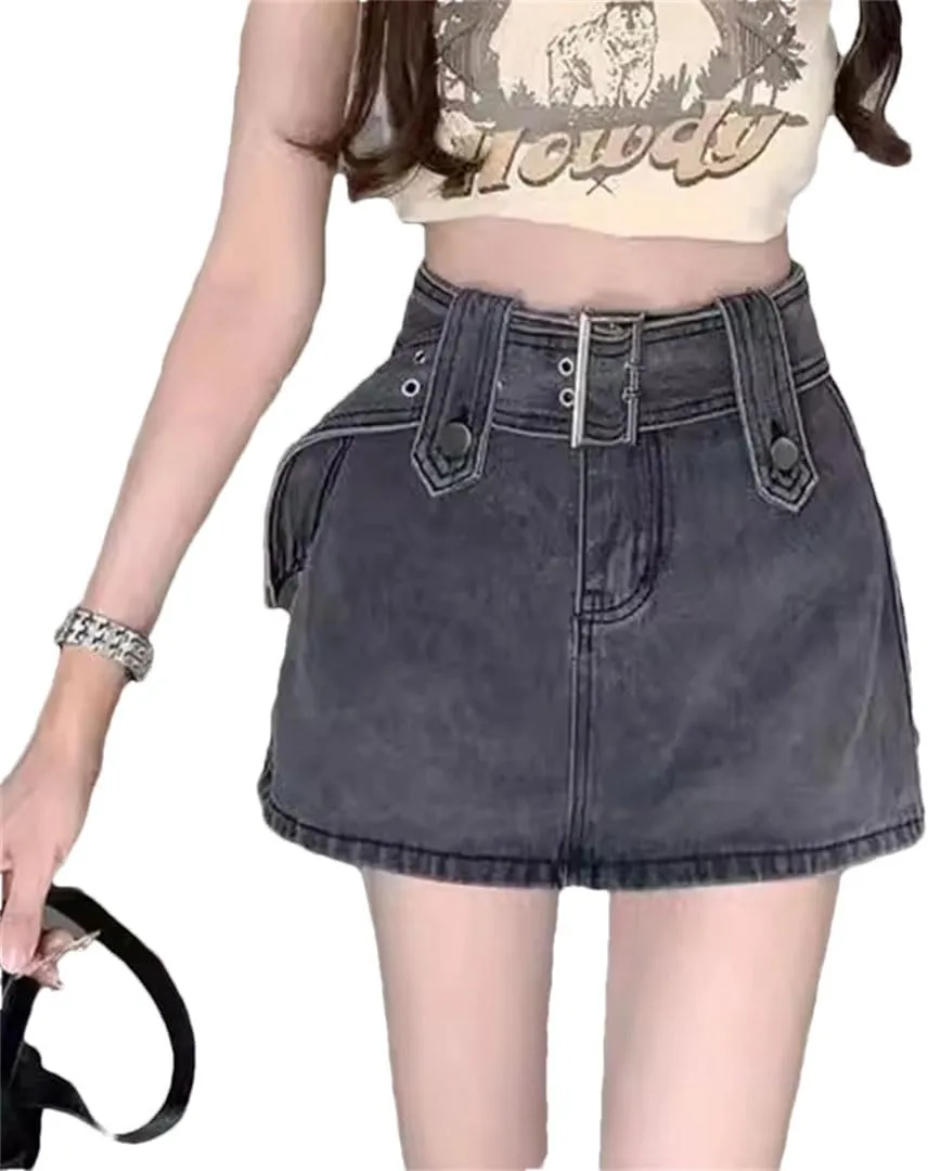 Women Mini Denim Skirt Vintage Sexy High Waist Belt A-Line Slim Jeans Skirt Skort