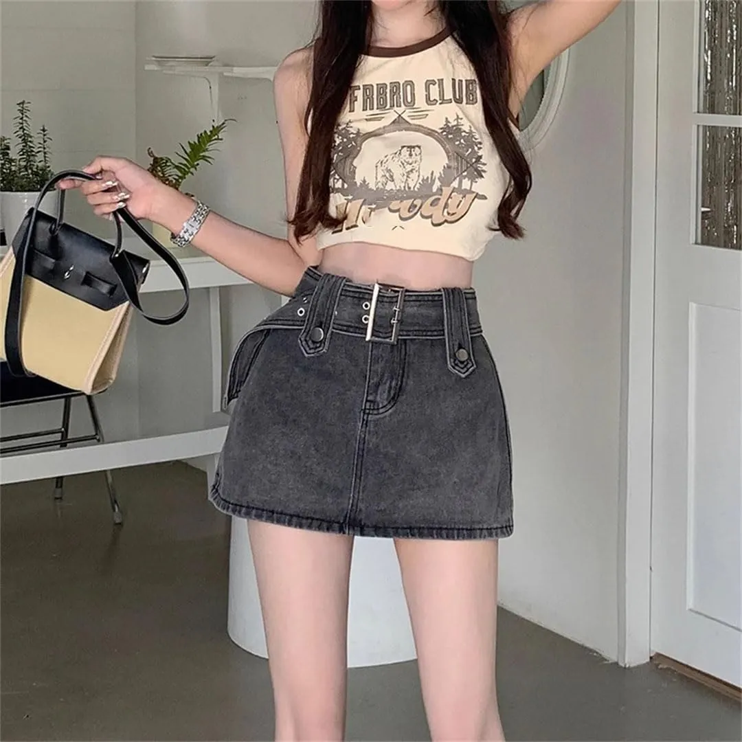 Women Mini Denim Skirt Vintage Sexy High Waist Belt A-Line Slim Jeans Skirt Skort