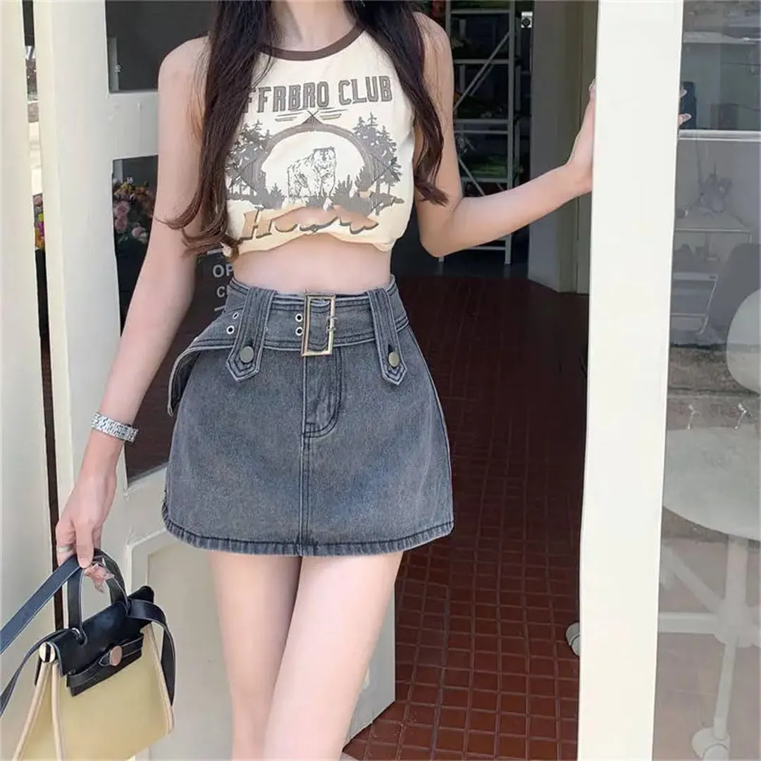 Women Mini Denim Skirt Vintage Sexy High Waist Belt A-Line Slim Jeans Skirt Skort