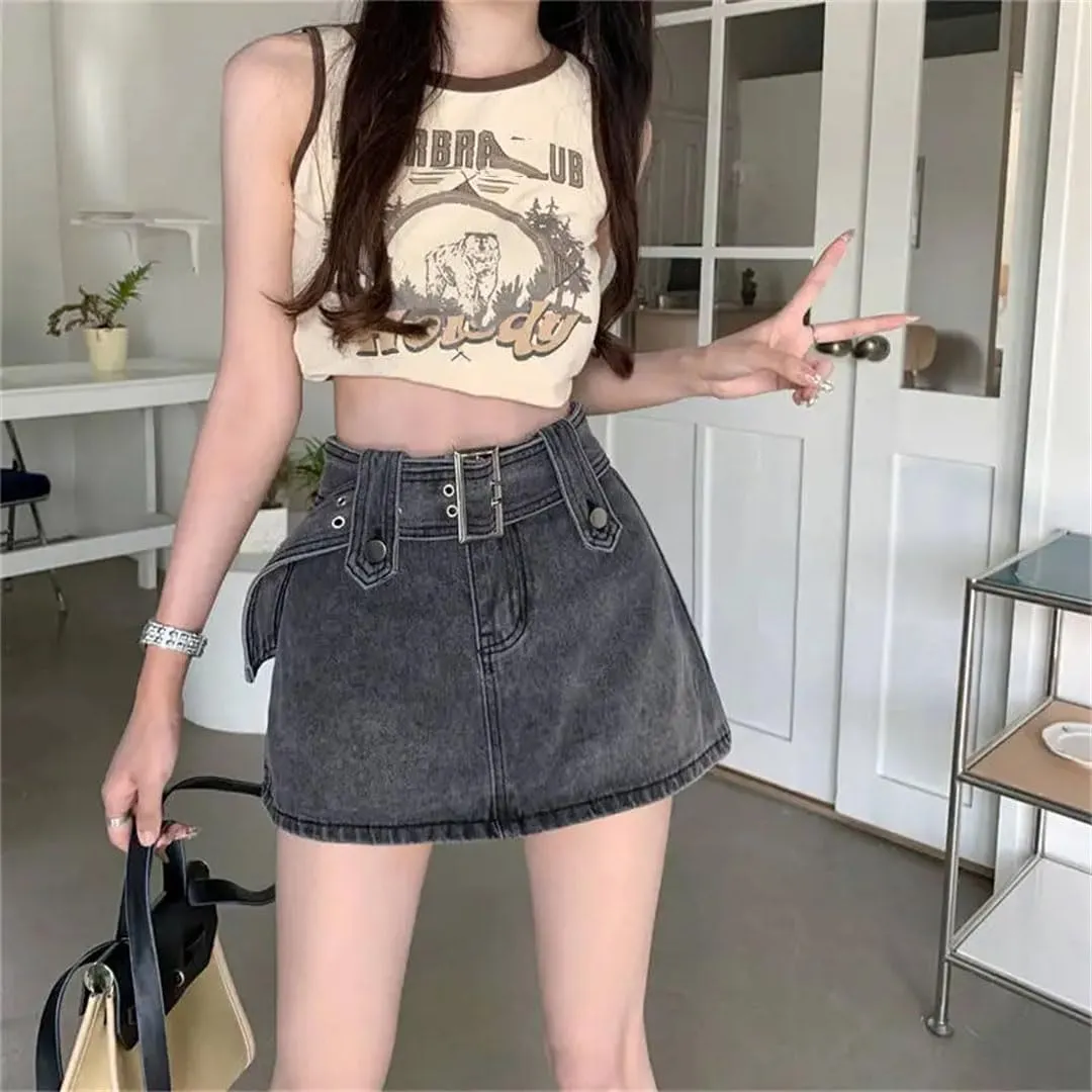 Women Mini Denim Skirt Vintage Sexy High Waist Belt A-Line Slim Jeans Skirt Skort