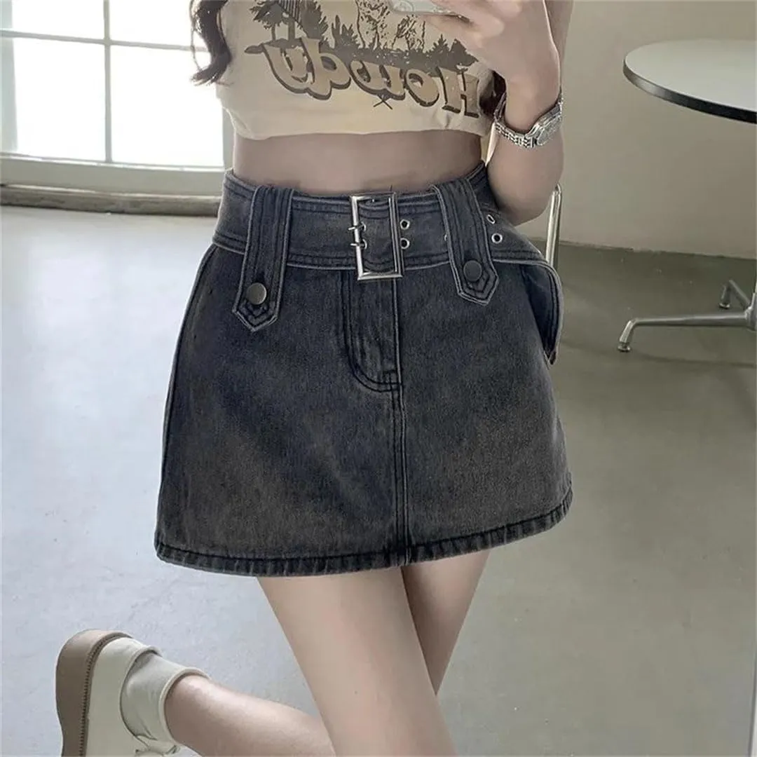 Women Mini Denim Skirt Vintage Sexy High Waist Belt A-Line Slim Jeans Skirt Skort