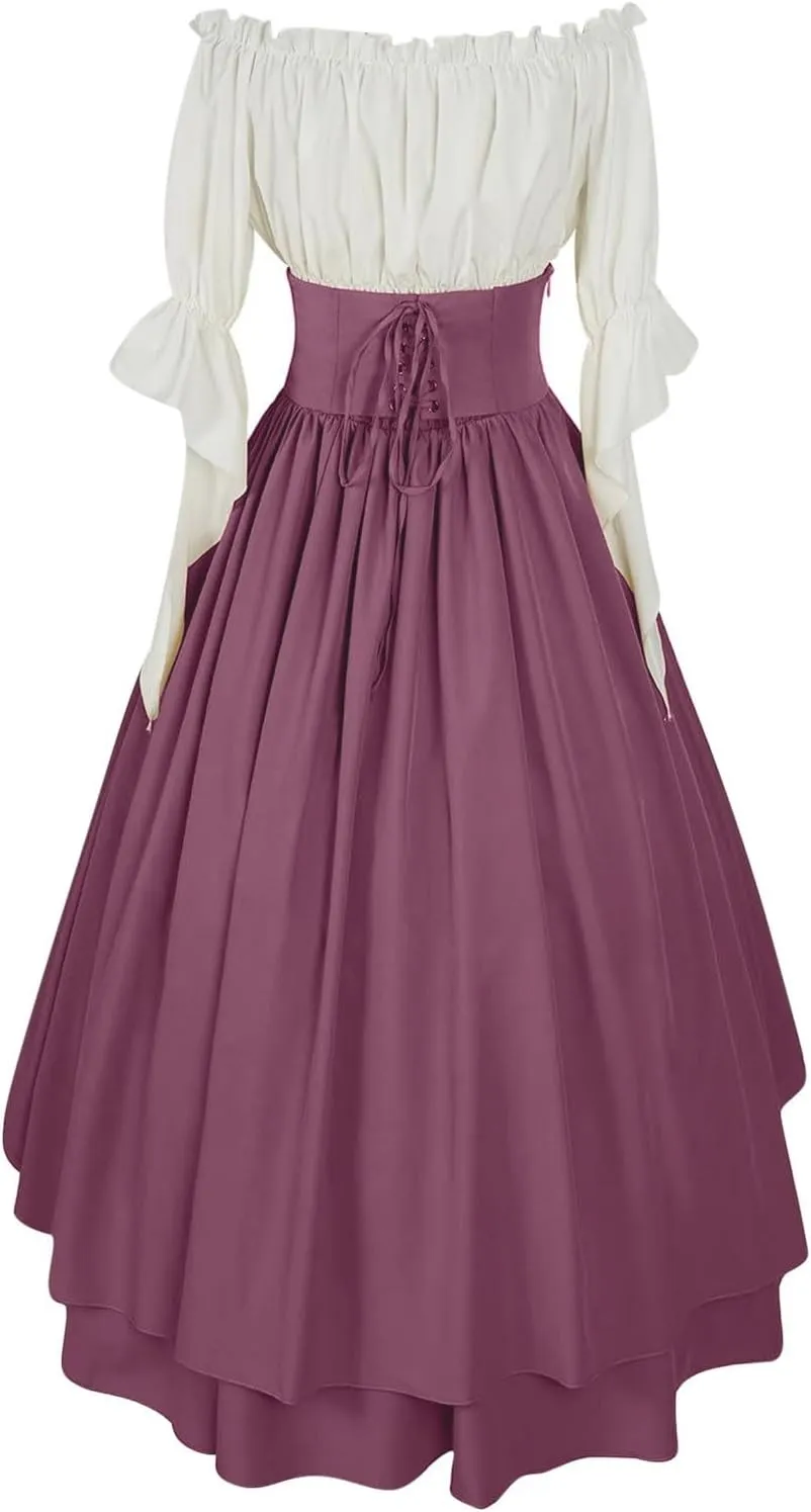 Women Off Shoulder Fairy Court Dress Ruffle Puff Sleeve Cinch Waist Corset Dresses Irish Medieval Peasant Dress