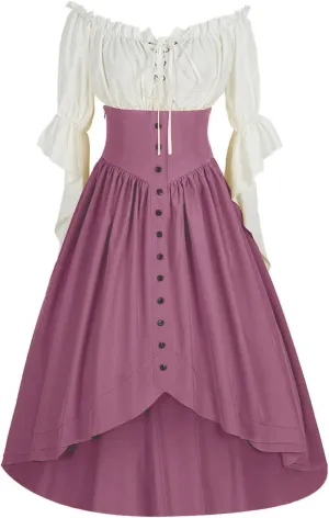 Women Off Shoulder Fairy Court Dress Ruffle Puff Sleeve Cinch Waist Corset Dresses Irish Medieval Peasant Dress