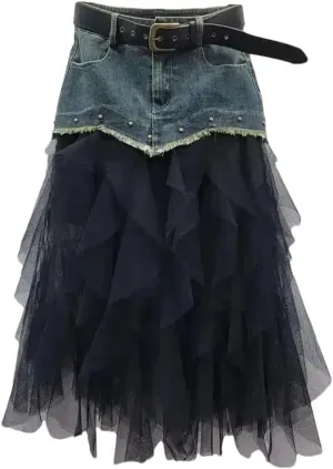 Women Patchwork Denim Skirt Irregular Mesh Wrap Long Skirt Stretch Slim Fit Rivet Detail High Waist Design