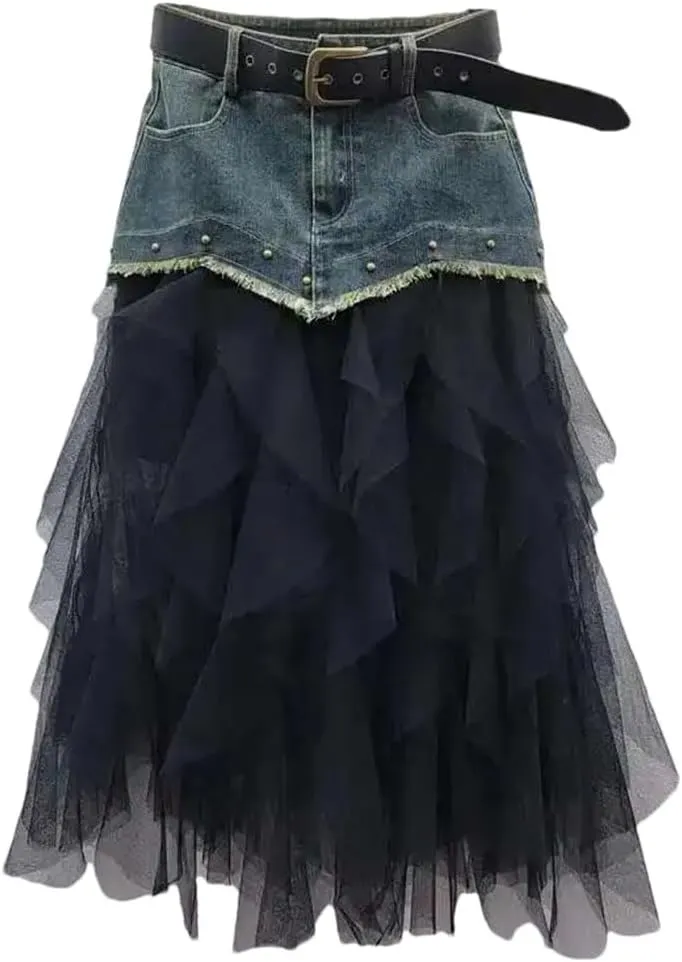 Women Patchwork Denim Skirt Irregular Mesh Wrap Long Skirt Stretch Slim Fit Rivet Detail High Waist Design