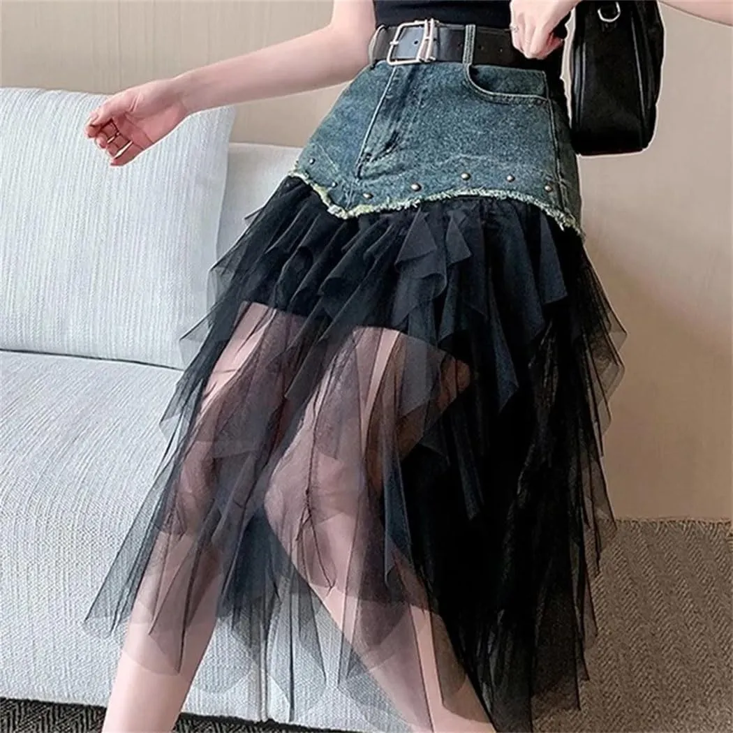 Women Patchwork Denim Skirt Irregular Mesh Wrap Long Skirt Stretch Slim Fit Rivet Detail High Waist Design