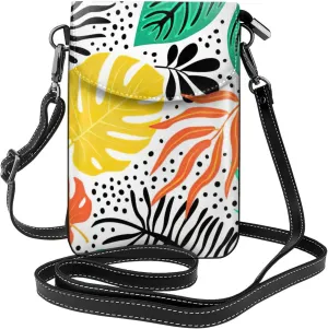 Women PU Leather Kawaii Embroidered Cute Mini Colorful Leaf Print Crossbody Cell phone Bag/Coin Purse