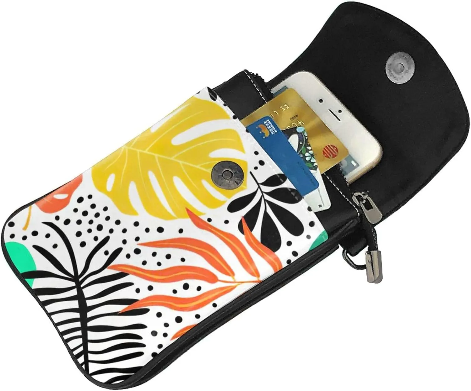 Women PU Leather Kawaii Embroidered Cute Mini Colorful Leaf Print Crossbody Cell phone Bag/Coin Purse