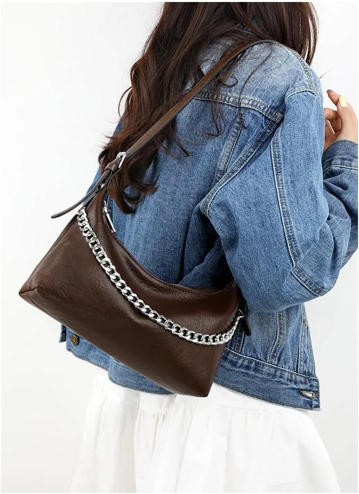 Women Shoulder Bag PU Leather Classic Trendy Purse with Adjustable Strap Chain Decoration