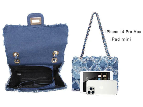 Women Shoulder Bags Quilted Crossbody Distressed Jean Denim Purse