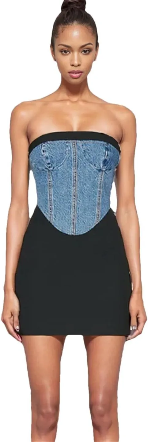 Women Shoulder Strap Detachable Denim Splice Women Versatile Suspenders Jeans Dresses