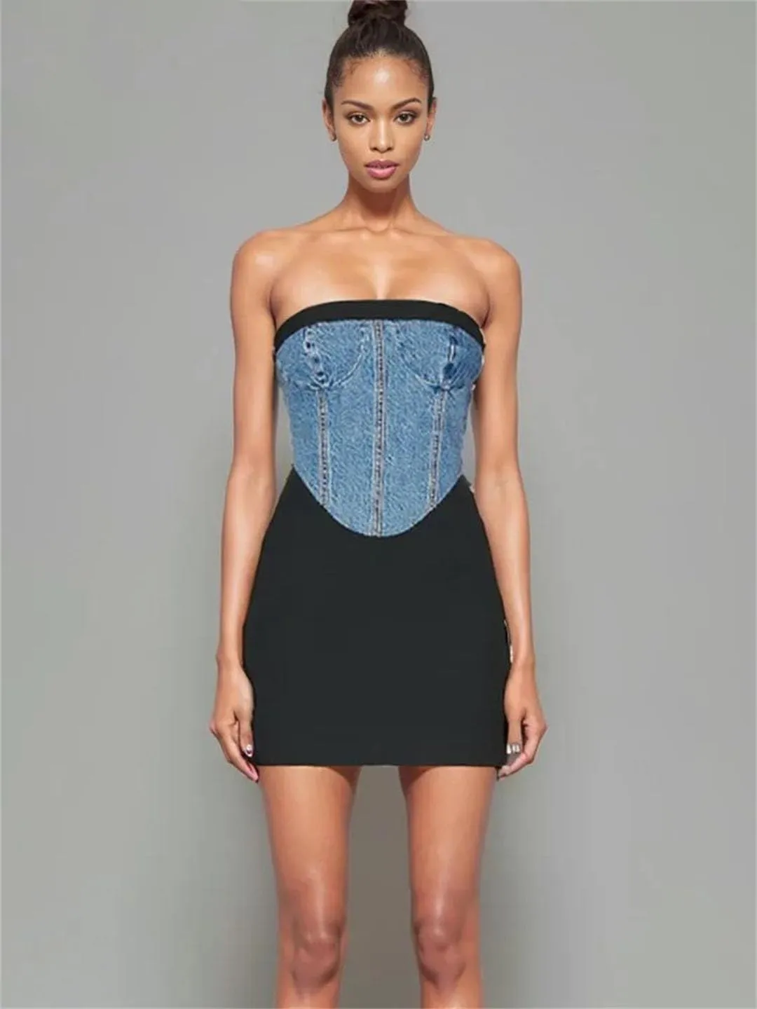 Women Shoulder Strap Detachable Denim Splice Women Versatile Suspenders Jeans Dresses