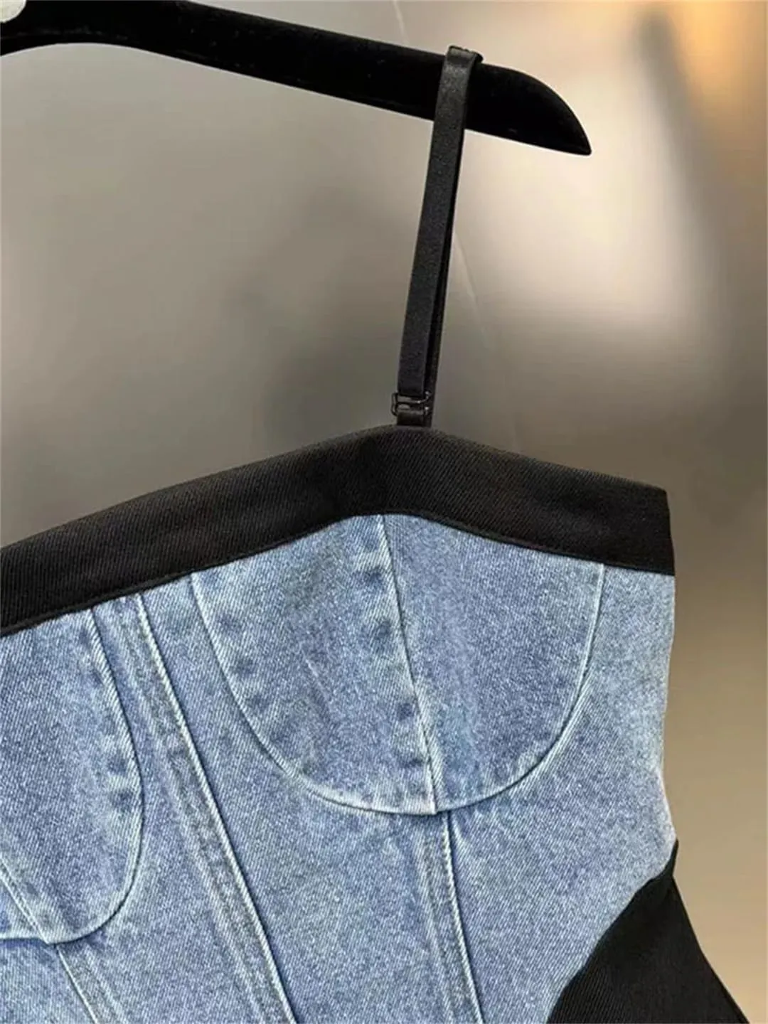 Women Shoulder Strap Detachable Denim Splice Women Versatile Suspenders Jeans Dresses