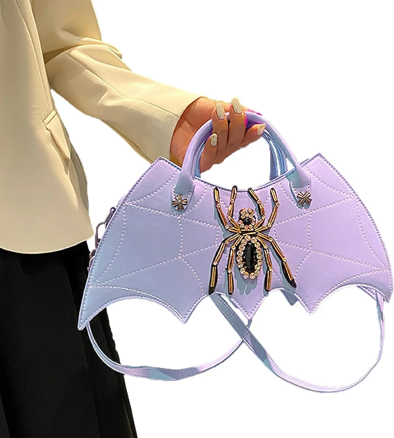 Women Spider Web Purse Novelty Bat Wing Shoulder Bag Unique Halloween Crossbody Bag PU Leather Horror Goth Hangbag