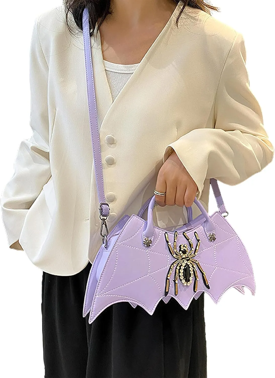 Women Spider Web Purse Novelty Bat Wing Shoulder Bag Unique Halloween Crossbody Bag PU Leather Horror Goth Hangbag