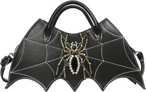 Women Spider Web Purse Novelty Bat Wing Shoulder Bag Unique Halloween Crossbody Bag PU Leather Horror Goth Hangbag