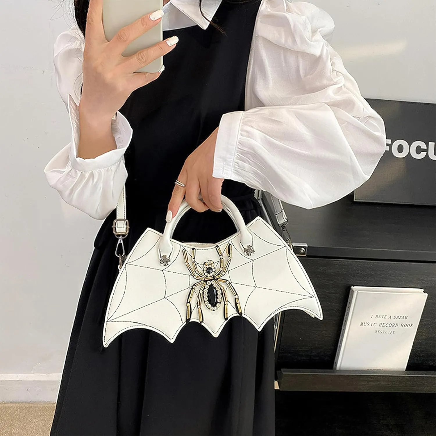 Women Spider Web Purse Novelty Bat Wing Shoulder Bag Unique Halloween Crossbody Bag PU Leather Horror Goth Hangbag