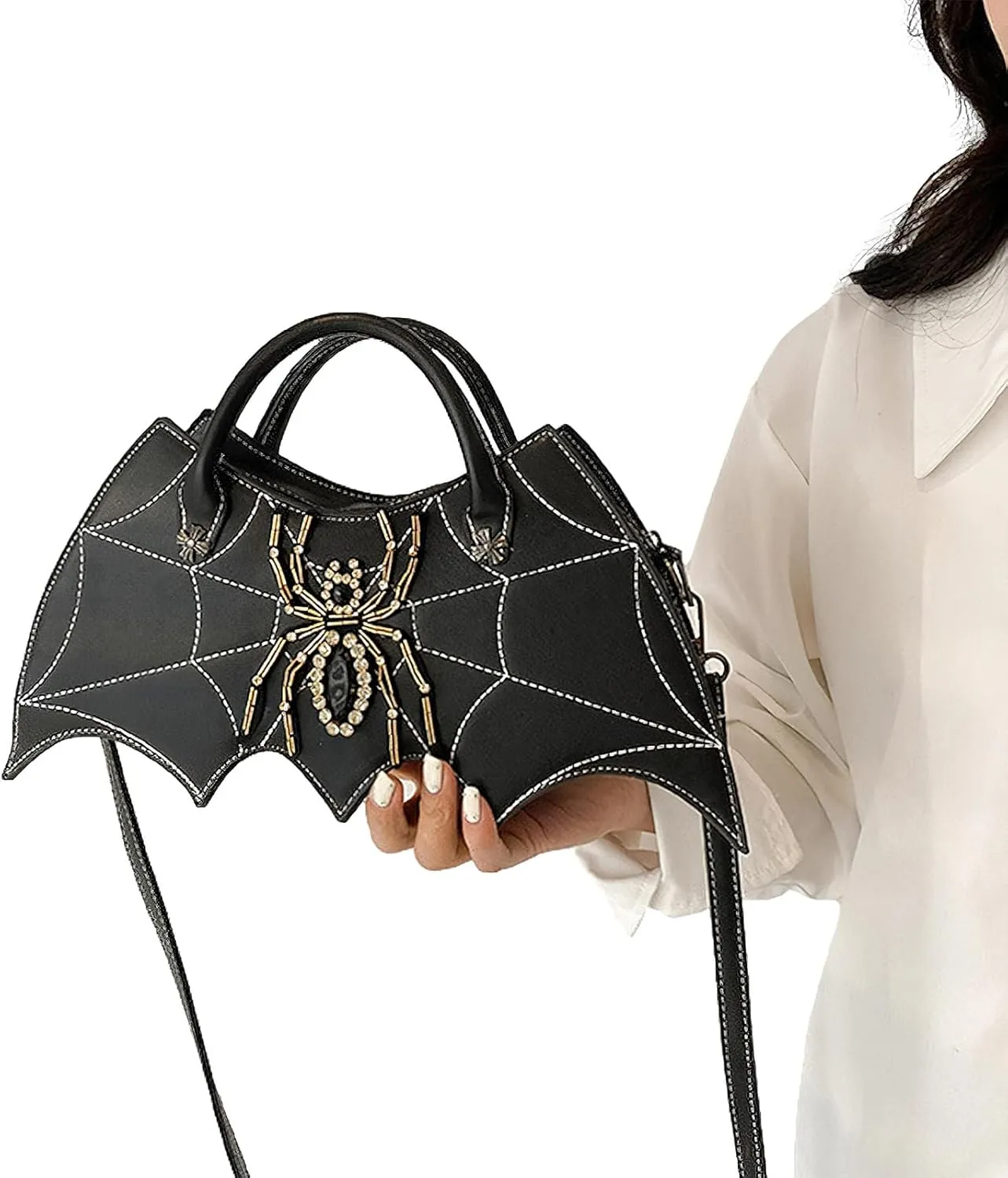 Women Spider Web Purse Novelty Bat Wing Shoulder Bag Unique Halloween Crossbody Bag PU Leather Horror Goth Hangbag