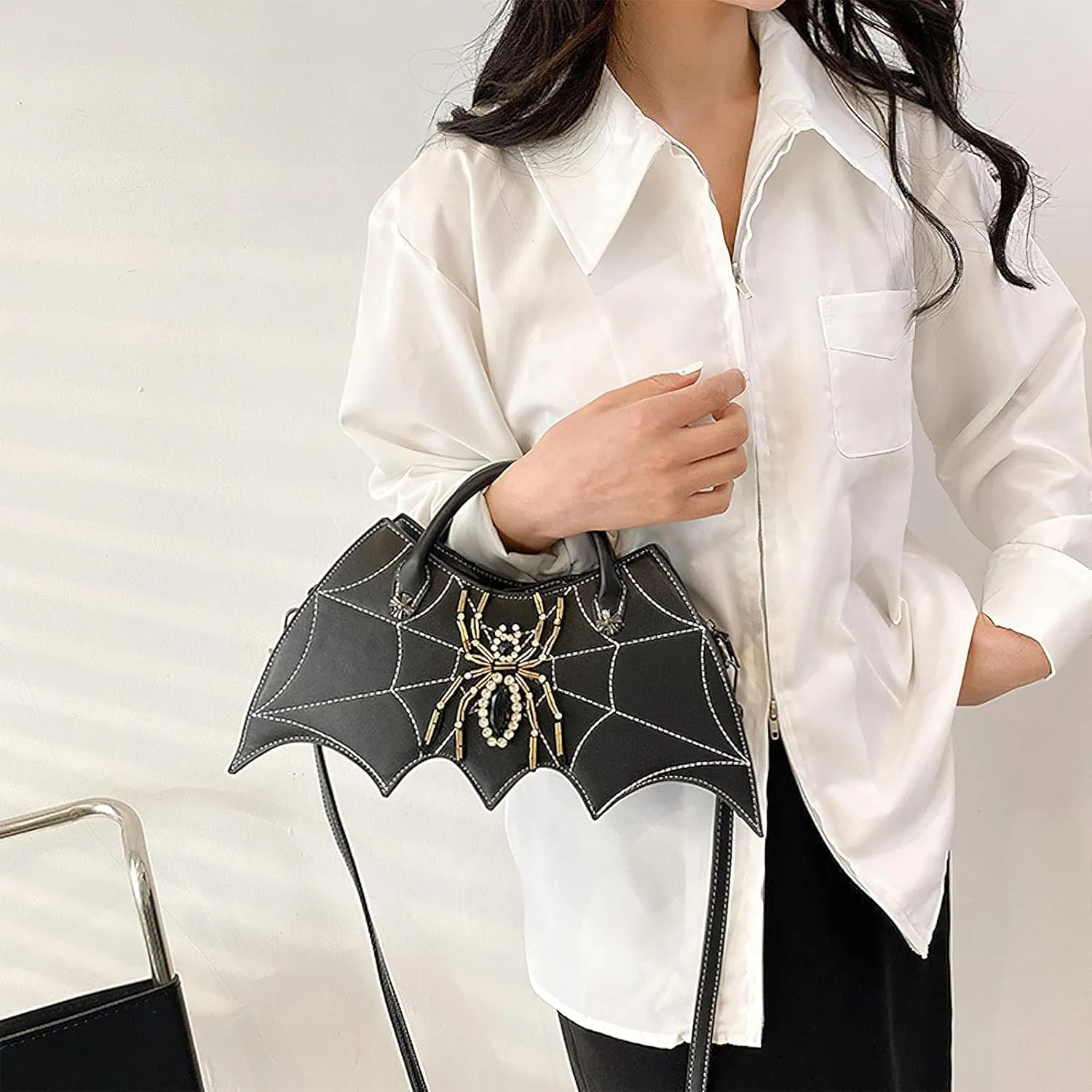 Women Spider Web Purse Novelty Bat Wing Shoulder Bag Unique Halloween Crossbody Bag PU Leather Horror Goth Hangbag