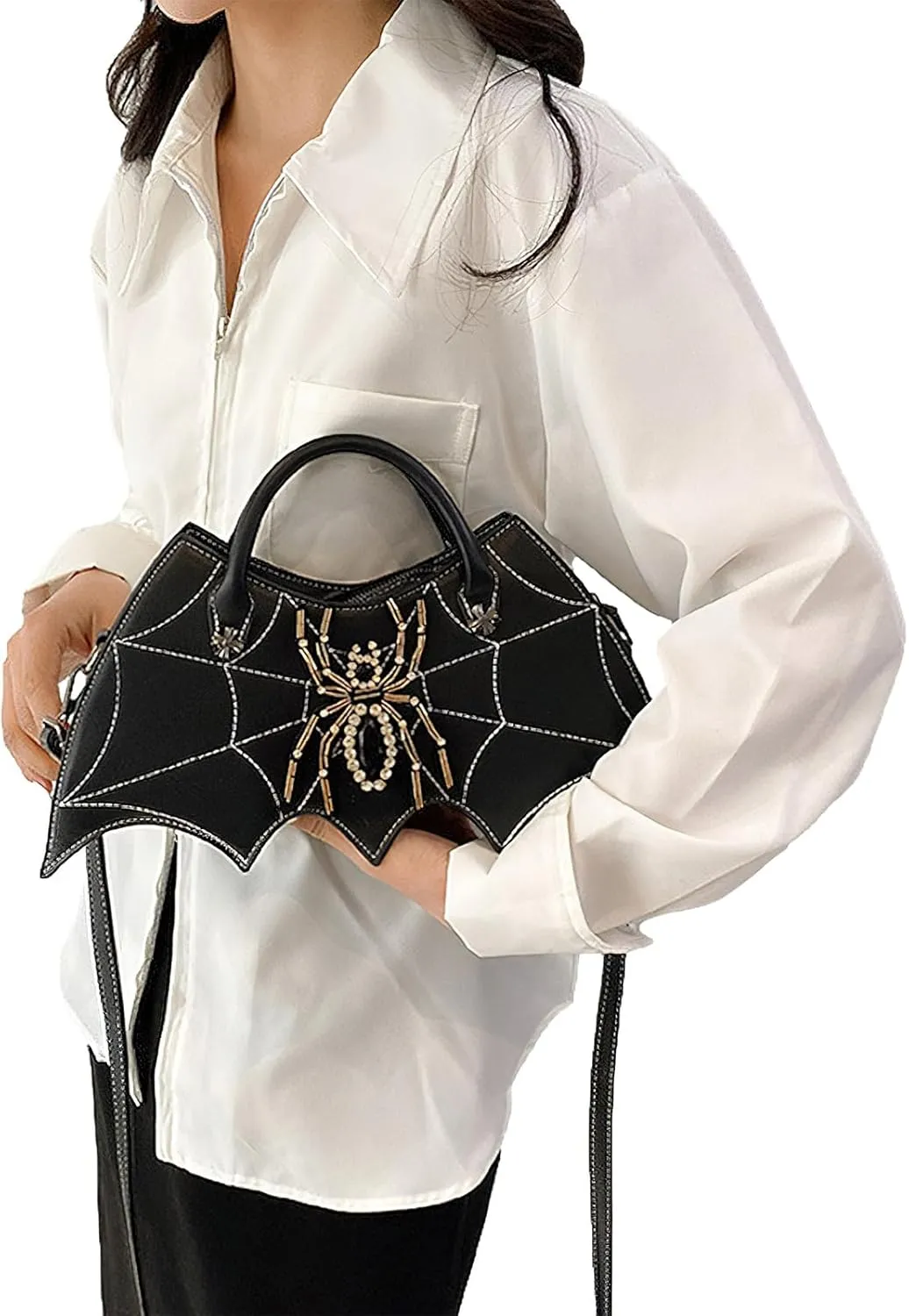 Women Spider Web Purse Novelty Bat Wing Shoulder Bag Unique Halloween Crossbody Bag PU Leather Horror Goth Hangbag