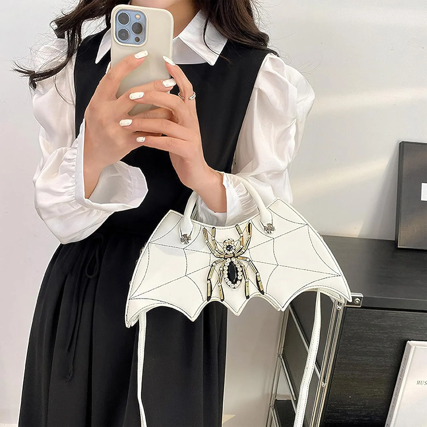 Women Spider Web Purse Novelty Bat Wing Shoulder Bag Unique Halloween Crossbody Bag PU Leather Horror Goth Hangbag