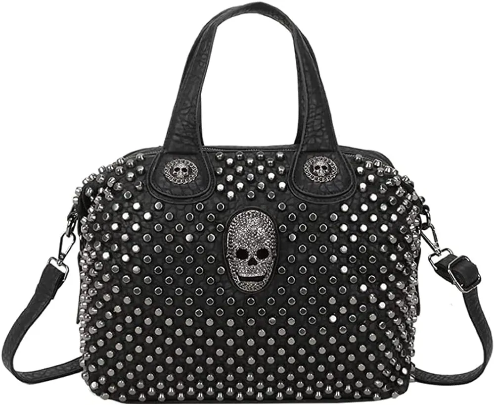 Women Studded Handbag Big Skull Purses Leather Tote Crossbody Shoulder Bag Black