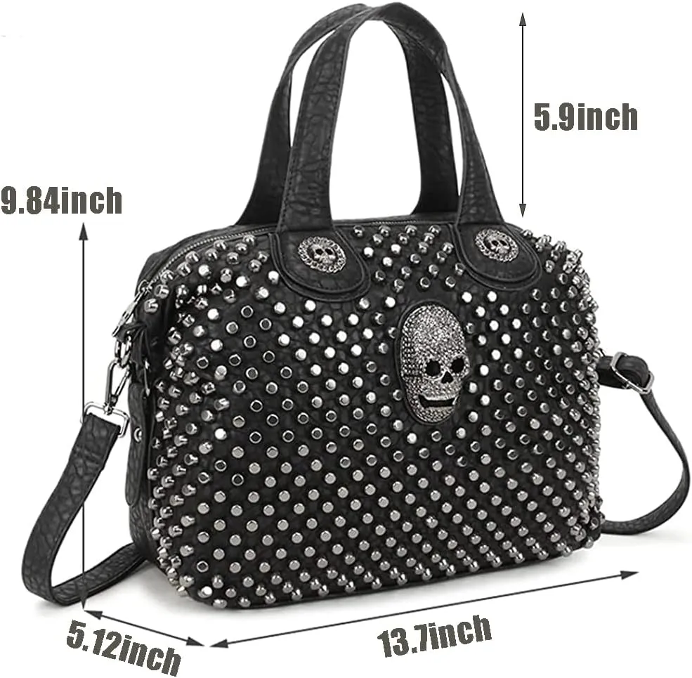 Women Studded Handbag Big Skull Purses Leather Tote Crossbody Shoulder Bag Black