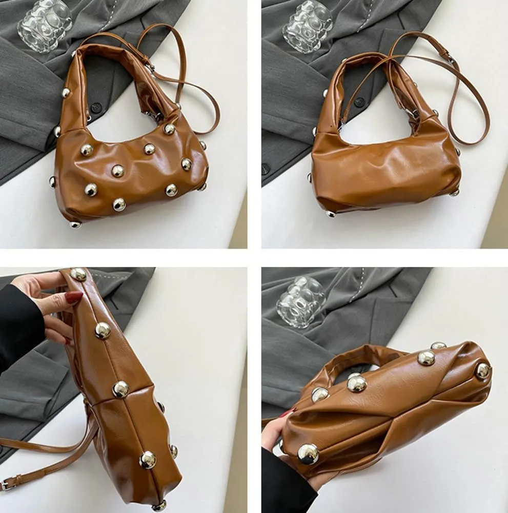 Women Studded Shoulder Bag Pu Leather Rivet Handbag Trendy Underarm Purses Fashion Hobo Bag 2025