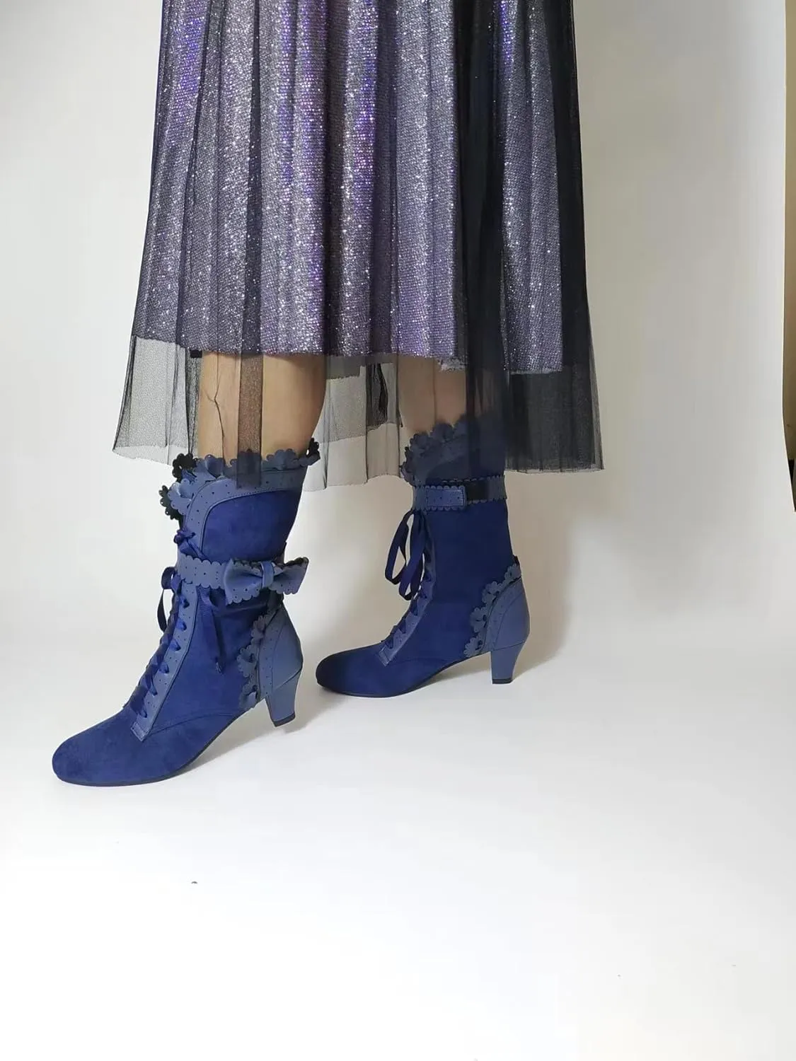 Women Sweet Bow-knot Boots Mid Heels Lace Up Medieval Renaissance Victorian Boots Cosplay Mid-Calf Kawaii Boot with Ruffles