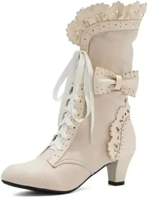 Women Sweet Bow-knot Boots Mid Heels Lace Up Medieval Renaissance Victorian Boots Cosplay Mid-Calf Kawaii Boot with Ruffles